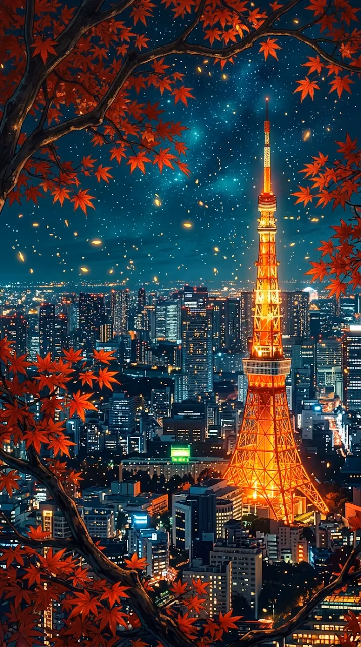 Tokyo Tower View Through Red Autumn Maple Leaves - Free Mobile AMOLED Wallpaper Background