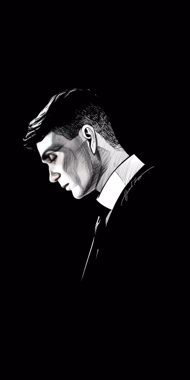 Tommy Shelby Brooding Line Art Black and White Sketch - Free Mobile AMOLED Wallpaper Background