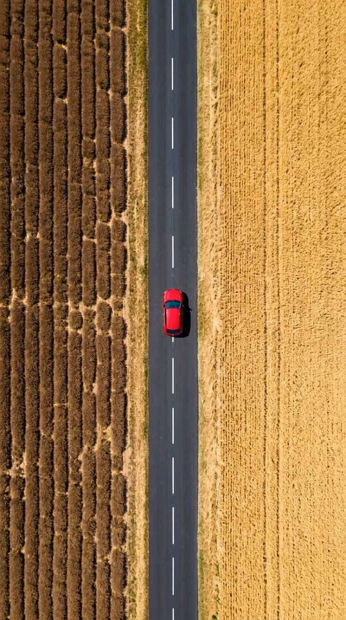 Download Top-Down Aerial View of a Red Car on a Road Dividing Two Different Crops Wallpaper in Mobile HD Top-Down Aerial View of a Red Car on a Road Dividing Two Different Crops - Free Mobile AMOLED Wallpaper Background