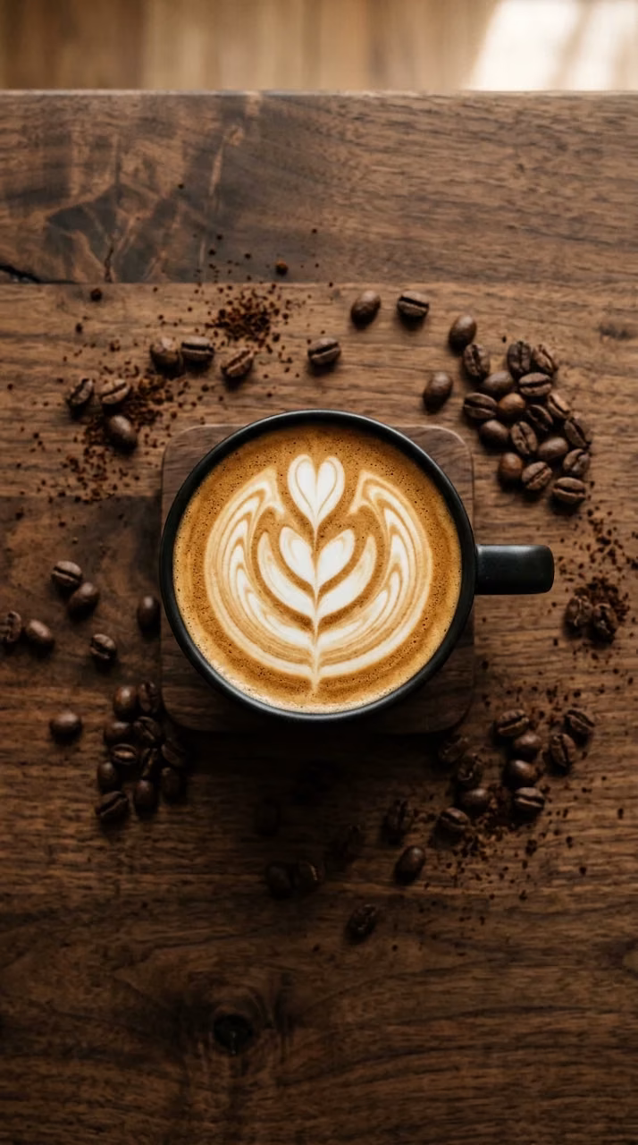 Top-Down View Of A Coffee Cup With Latte Art And Beans - Free Mobile AMOLED Wallpaper Background
