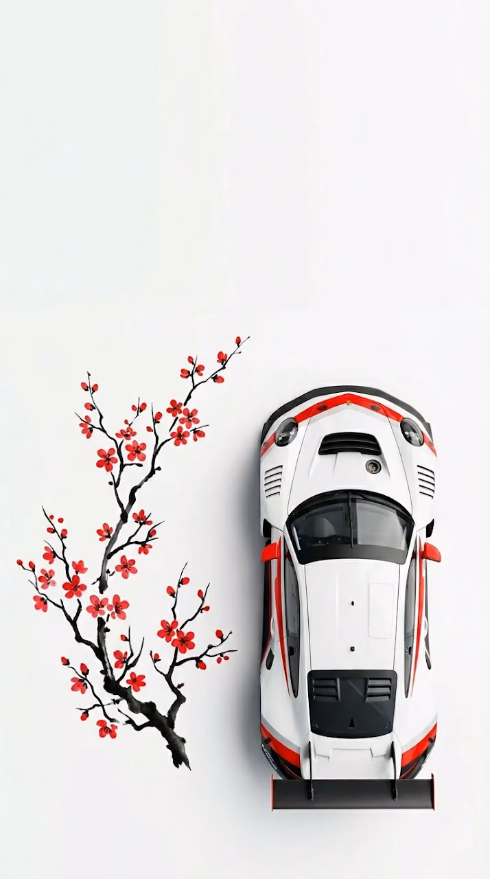Top-Down View of a Performance Race Car with Oriental Floral Accents - Free Mobile AMOLED Wallpaper Background