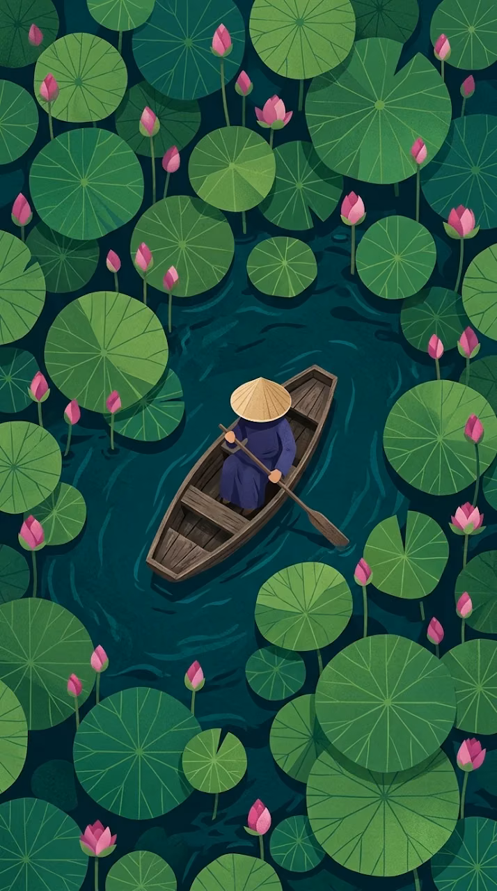 Top-Down View of a Person in a Boat Among Large Lotus Leaves - Free Mobile AMOLED Wallpaper Background