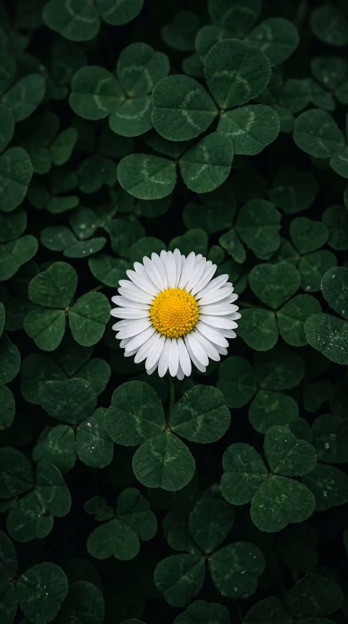 Top-Down View of a Single White Daisy in a Dense Patch of Green Clovers - Free Mobile AMOLED Wallpaper Background