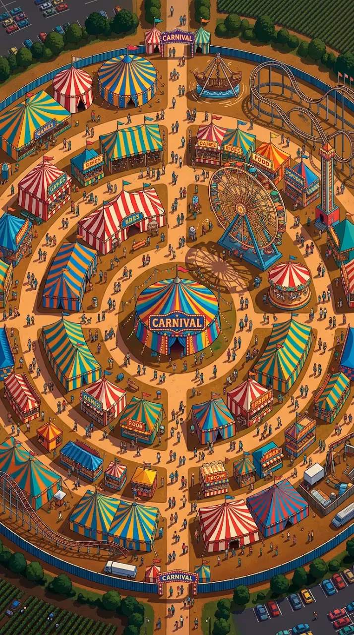 Top-Down View of Vibrant Carnival with Colorful Tents - Free Mobile AMOLED Wallpaper Background