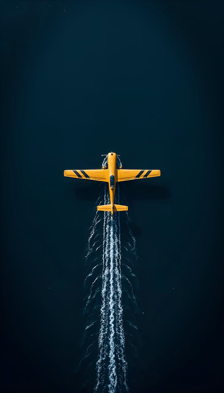Top Down View Yellow Propeller Plane Skimming Dark Water - Free Mobile AMOLED Wallpaper Background