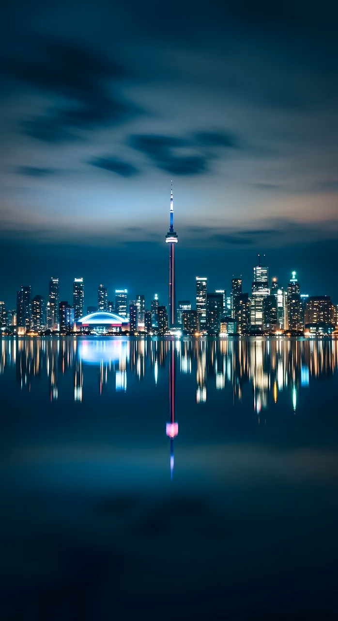 Toronto Night Skyline Reflection Across Calm Lake Water - Free Mobile AMOLED Wallpaper Background