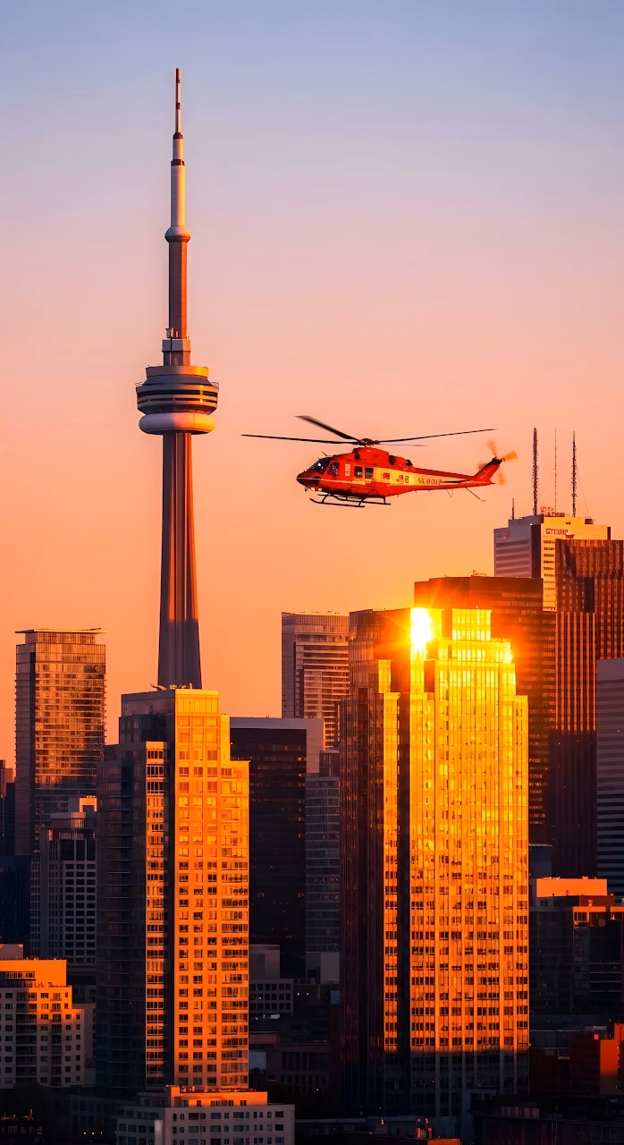 Toronto Skyline Sunset with CN Tower and Red Helicopter - Free Mobile AMOLED Wallpaper Background