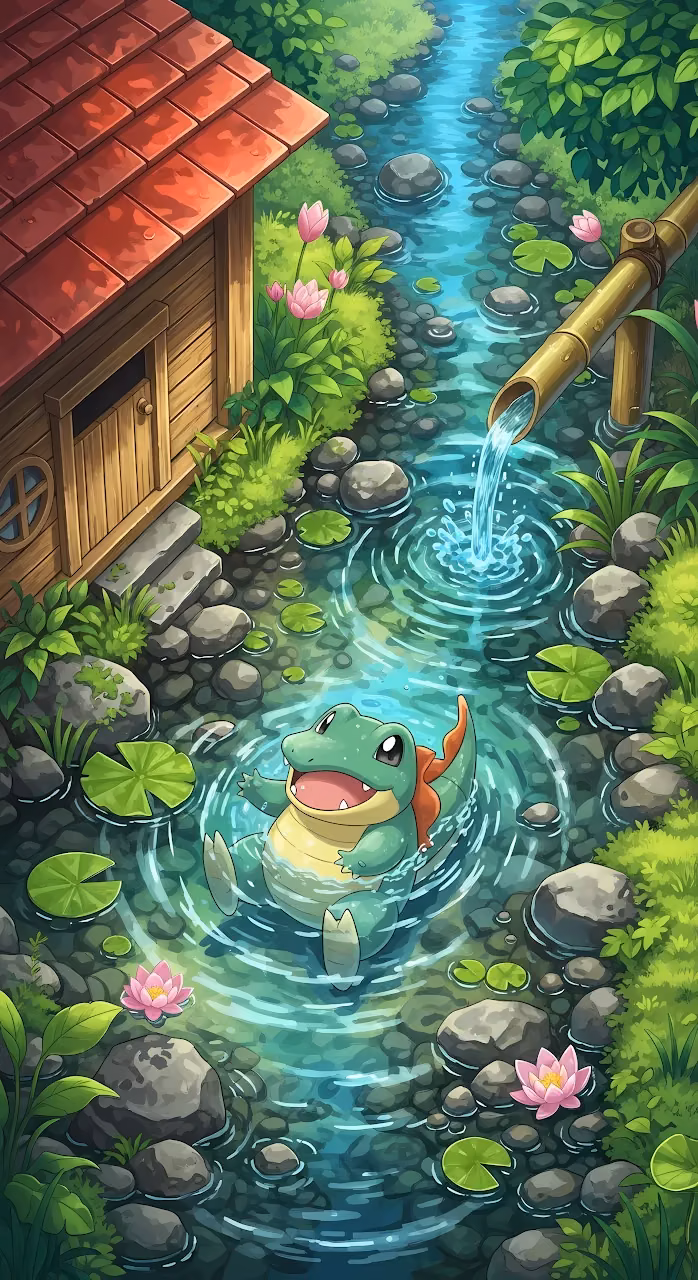 Totodile Relaxing in a Lush Forest Stream with Bamboo Spout - Free Mobile AMOLED Wallpaper Background