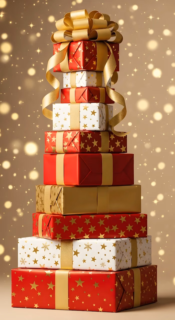 Download Towering Stack of Red and Gold Christmas Gifts Wallpaper in Mobile HD Towering Stack of Red and Gold Christmas Gifts - Free Mobile AMOLED Wallpaper Background