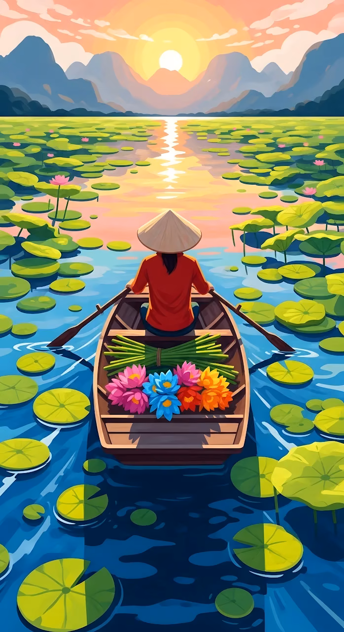 Download Traditional Boat on Lotus Lake at Sunset Illustration Wallpaper in Mobile HD Traditional Boat on Lotus Lake at Sunset Illustration - Free Mobile AMOLED Wallpaper Background
