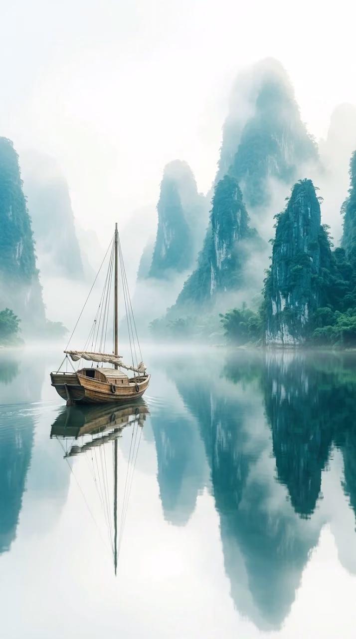 Traditional Boat Navigating Misty Blue Mountain Peaks - Free Mobile AMOLED Wallpaper Background