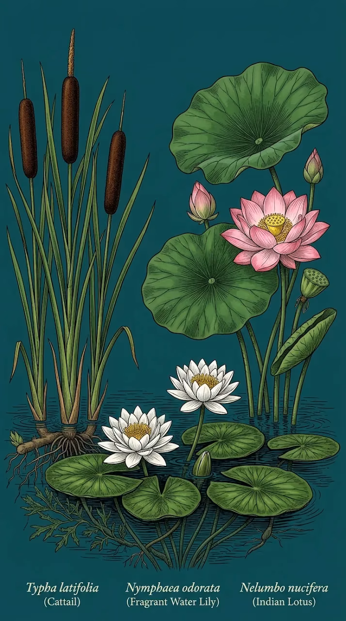 Traditional Botanical Art featuring Lotus and Water Lilies - Free Mobile AMOLED Wallpaper Background