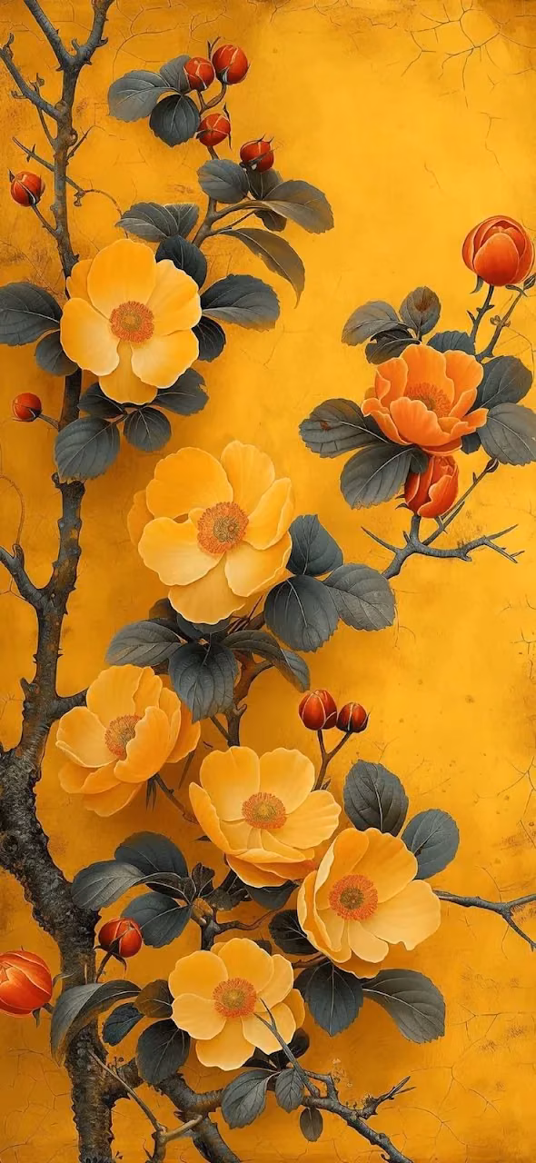 Download Traditional Chinese Floral Art Yellow Orange Blossoms Wallpaper in 4K UHD Traditional Chinese Floral Art Yellow Orange Blossoms - Free 4K Desktop Wallpaper Background