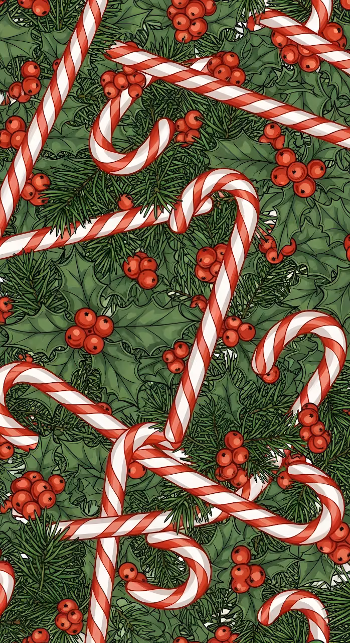 Traditional Christmas Candy Cane Holly Berry Pattern - Free Mobile AMOLED Wallpaper Background