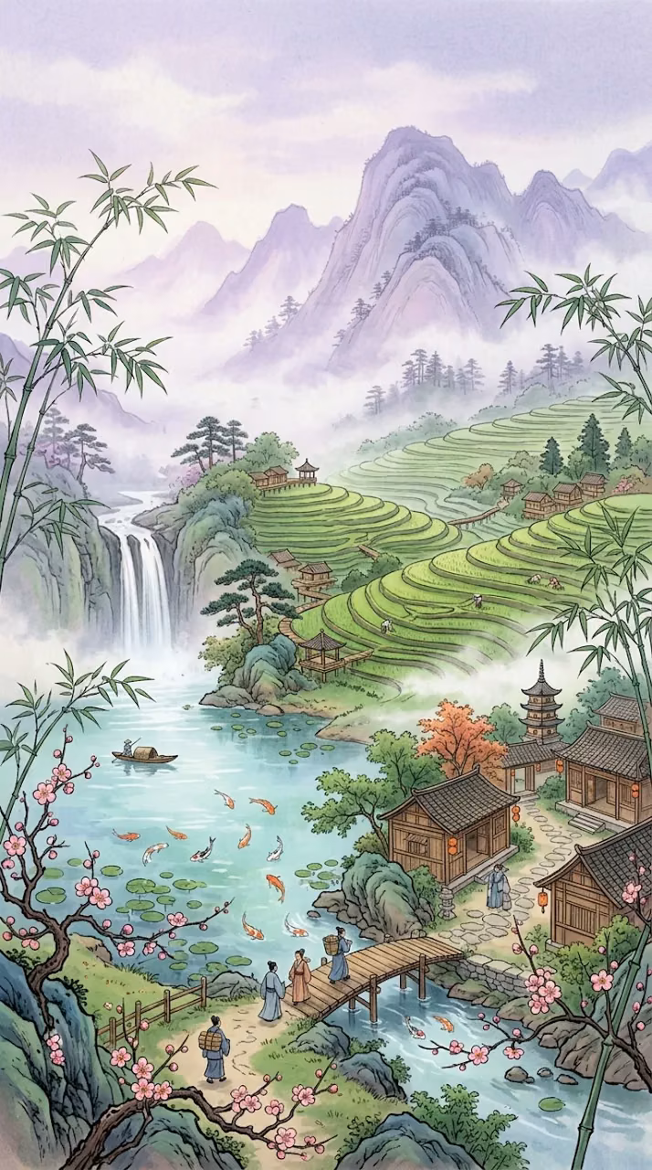 Traditional East Asian Mountain Village with Rice Terraces - Free Mobile AMOLED Wallpaper Background