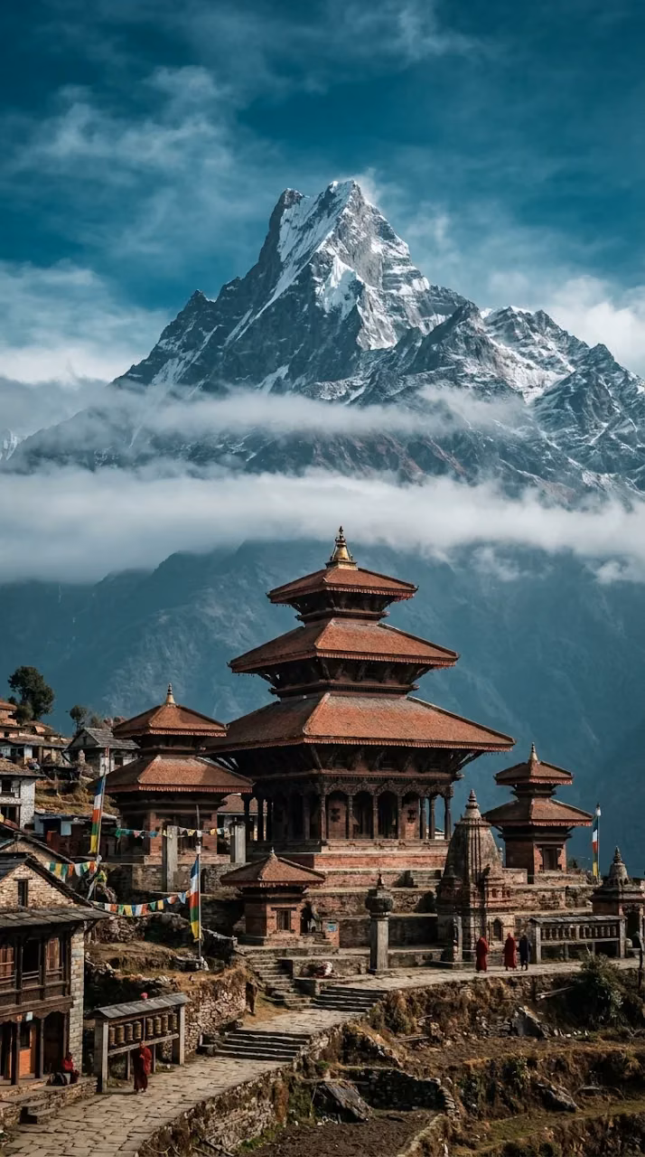Download Traditional Himalayan Temple Buildings Against Snow Capped Mountains Wallpaper in Mobile HD Traditional Himalayan Temple Buildings Against Snow Capped Mountains - Free Mobile AMOLED Wallpaper Background