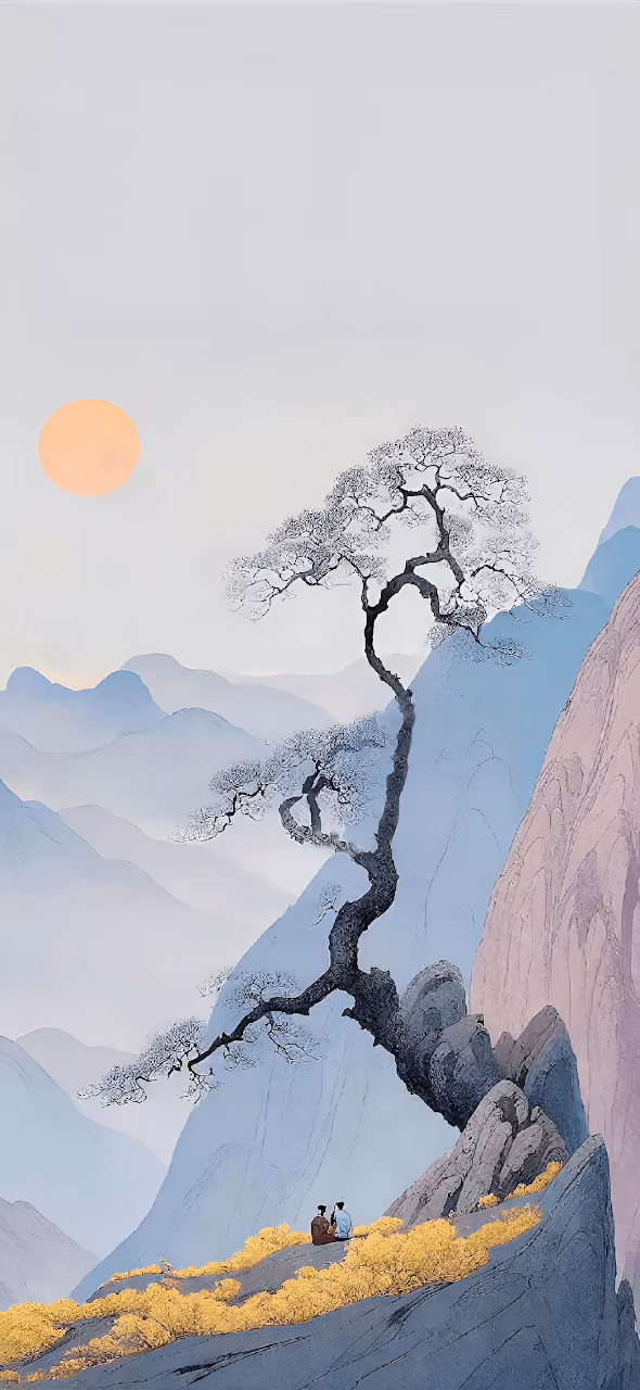 Traditional Ink Wash Art Misty Mountains Pine Tree Sunset View - Free Mobile AMOLED Wallpaper Background