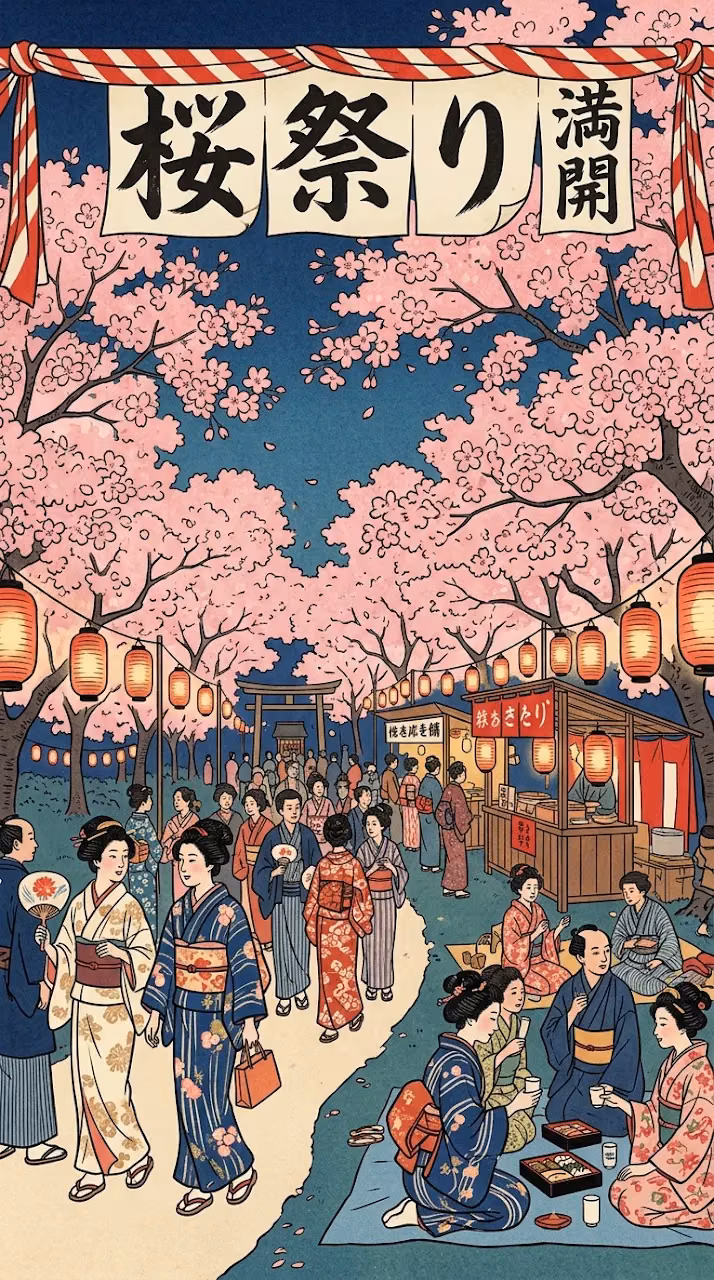 Download Traditional Japanese Cherry Blossom Festival with Calligraphy Wallpaper in Mobile HD Traditional Japanese Cherry Blossom Festival with Calligraphy - Free Mobile AMOLED Wallpaper Background