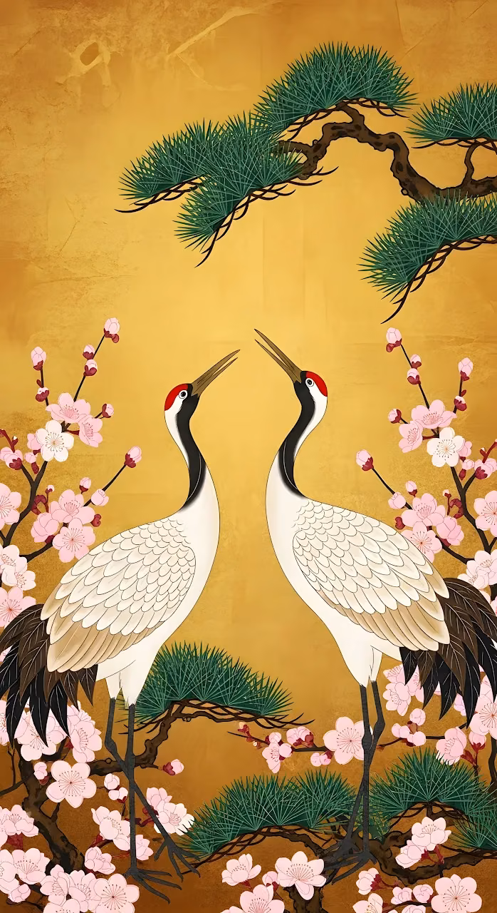 Download Traditional Japanese Cranes and Sakura Golden Screen Art Wallpaper in Mobile HD Traditional Japanese Cranes and Sakura Golden Screen Art - Free Mobile AMOLED Wallpaper Background