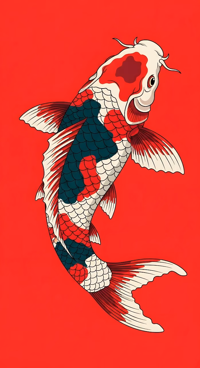 Traditional Japanese Koi Fish Illustration Red Background - Free Mobile AMOLED Wallpaper Background