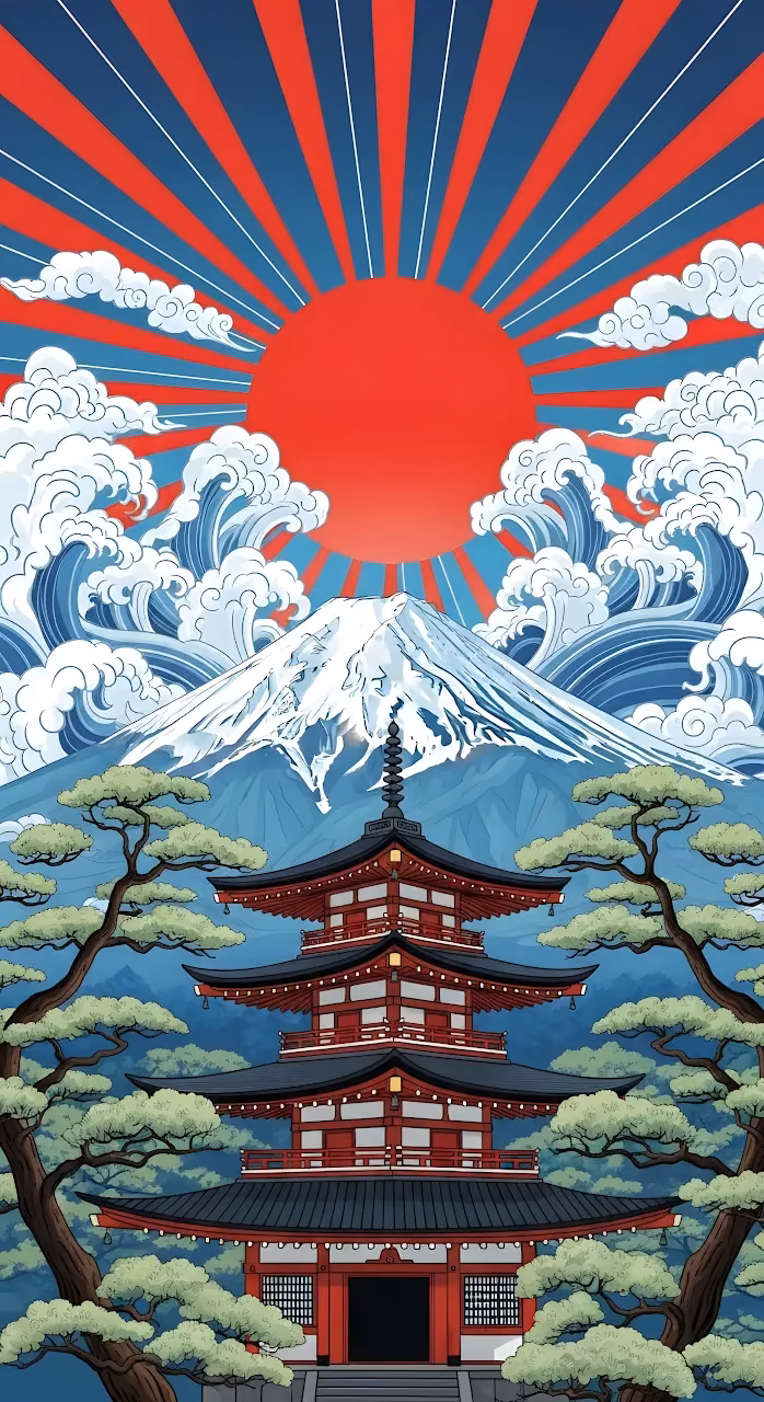 Traditional Japanese Pagoda Mount Fuji Ukiyo-e Style Art - Free Mobile AMOLED Wallpaper Background