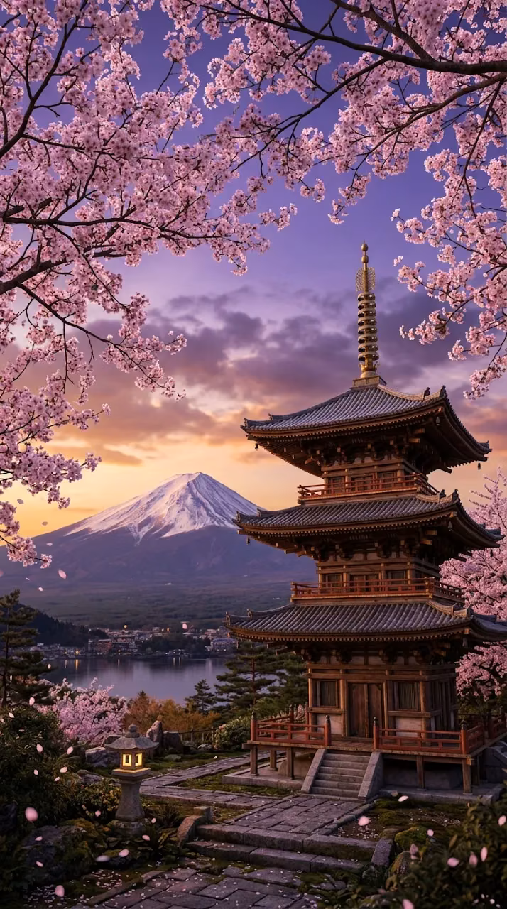 Traditional Japanese Pagoda and Mount Fuji with Cherry Blossoms - Free Mobile AMOLED Wallpaper Background