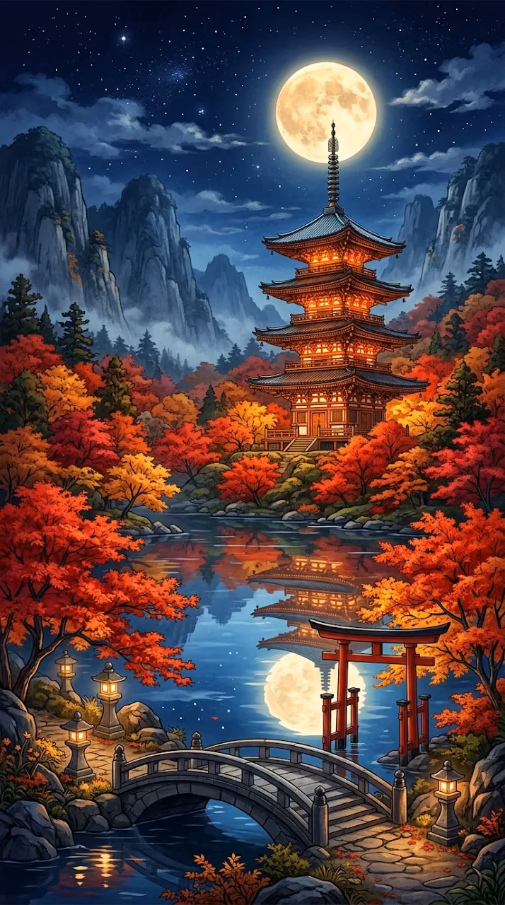 Download Traditional Japanese Pagoda under Full Moon in Autumn Art Wallpaper in Mobile HD Traditional Japanese Pagoda under Full Moon in Autumn Art - Free Mobile AMOLED Wallpaper Background