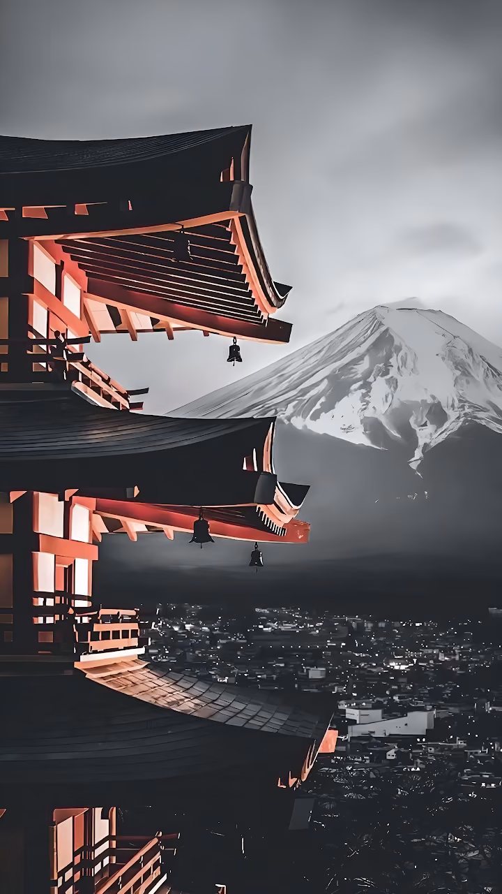Download Traditional Japanese Pagoda with Mount Fuji in Background Wallpaper in Mobile HD Traditional Japanese Pagoda with Mount Fuji in Background - Free Mobile AMOLED Wallpaper Background