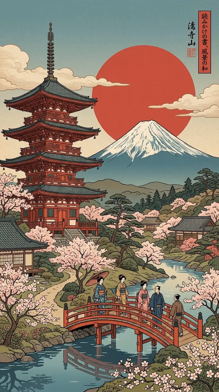 Download Traditional Japanese Pagoda and Mt Fuji Illustration Wallpaper in Mobile HD Traditional Japanese Pagoda and Mt Fuji Illustration - Free Mobile AMOLED Wallpaper Background