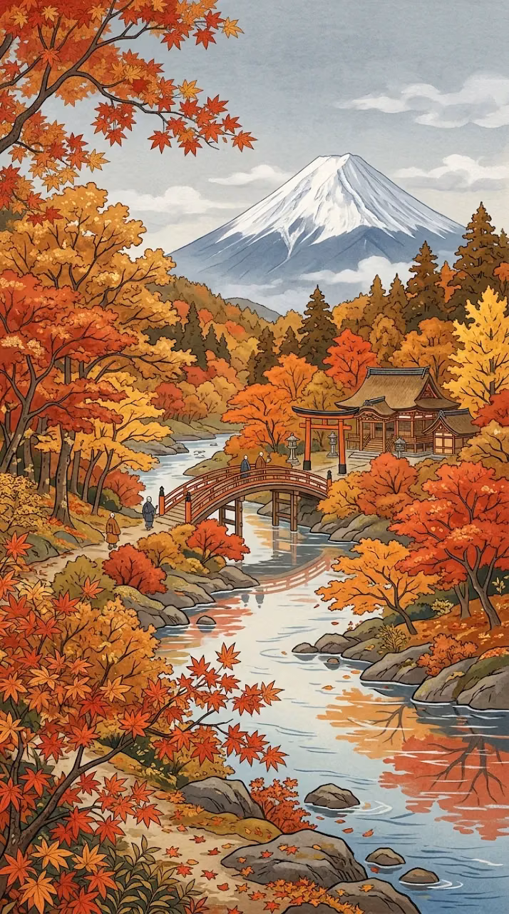 Download Traditional Japanese Style Autumn Forest with Shrine and River Wallpaper in Mobile HD Traditional Japanese Style Autumn Forest with Shrine and River - Free Mobile AMOLED Wallpaper Background