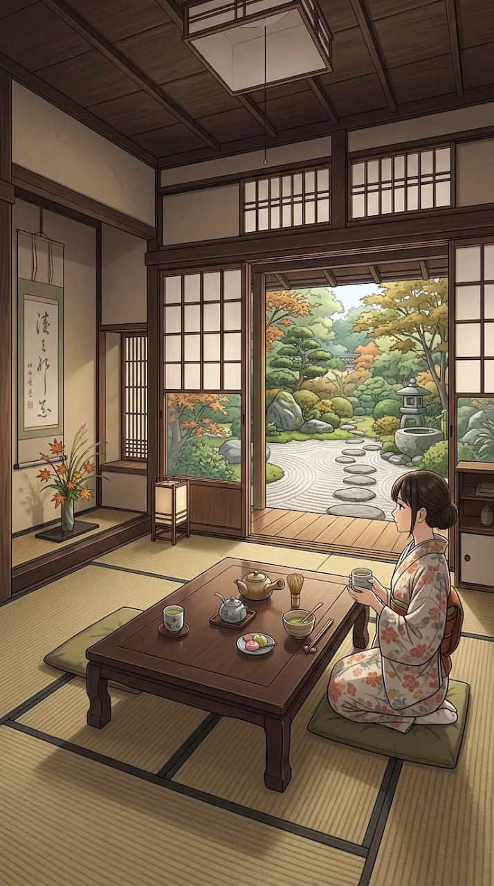 Traditional Japanese Tea House Interior with Zen Garden View - Free Mobile AMOLED Wallpaper Background