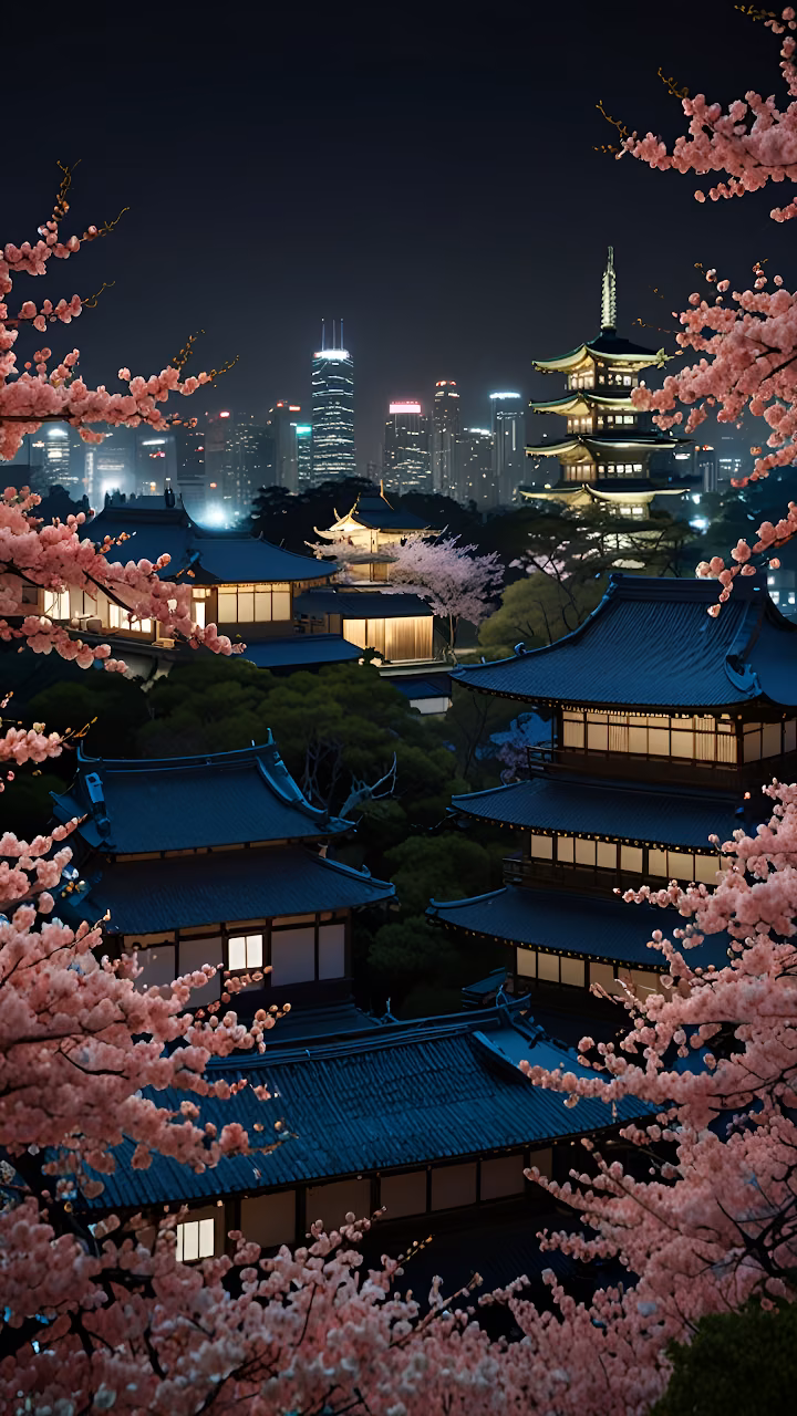 Download Traditional Japanese Temples Night Sakura View Wallpaper in Mobile HD Traditional Japanese Temples Night Sakura View - Free Mobile AMOLED Wallpaper Background