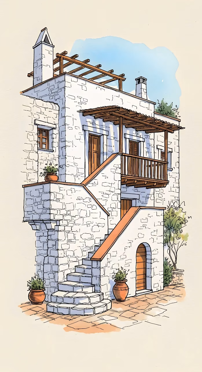 Traditional Mediterranean Stone House Architectural Sketch - Free Mobile AMOLED Wallpaper Background