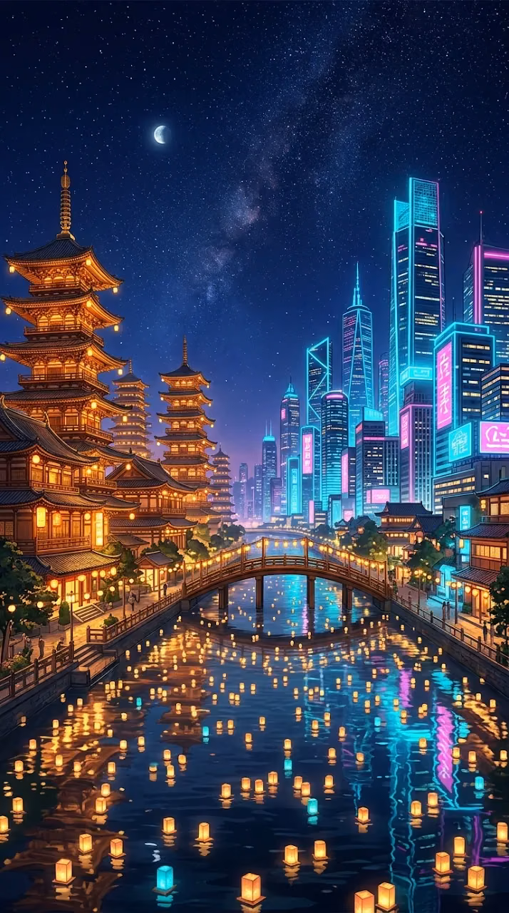 Traditional Pagodas and Modern Skyscrapers Cityscape at Night - Free Mobile AMOLED Wallpaper Background