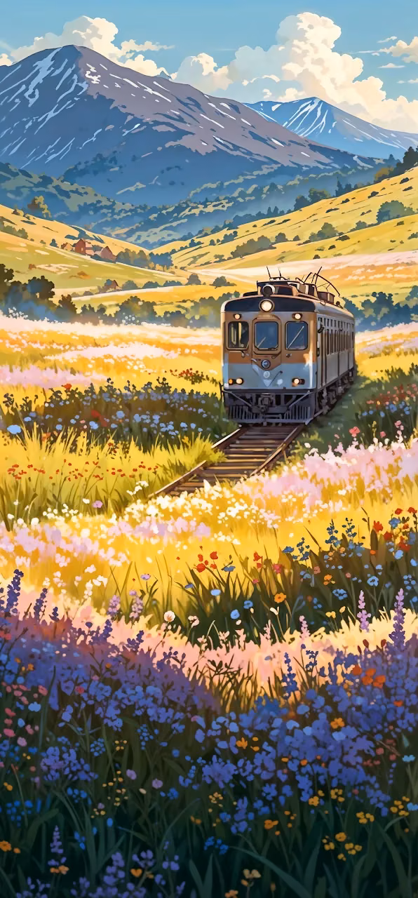 Train Journey Through Wildflower Meadow and Mountains - Free Mobile AMOLED Wallpaper Background