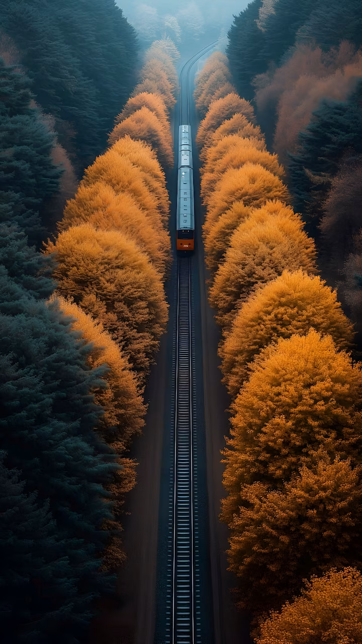 Train Track Through Autumn Forest, Symmetrical View - Free Mobile AMOLED Wallpaper Background