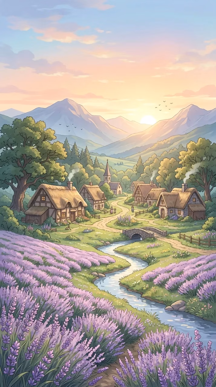 Tranquil Anime Village in a Lush Valley with Lavender Fields - Free Mobile AMOLED Wallpaper Background