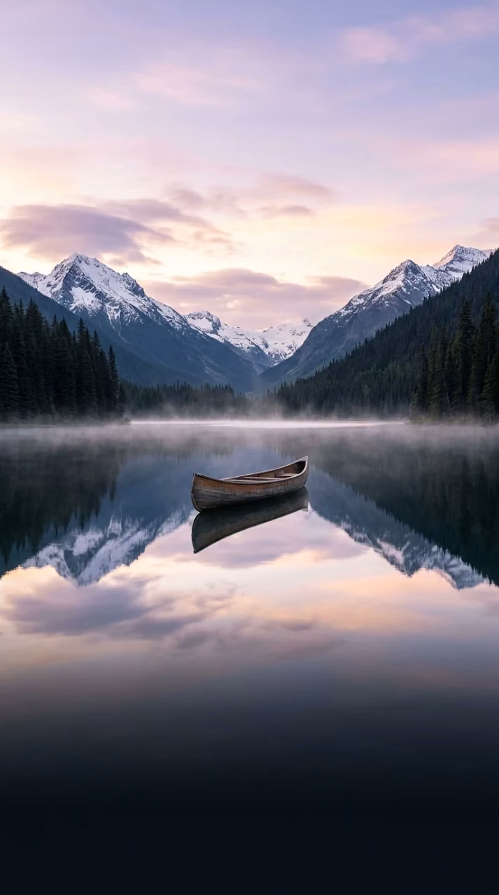 Tranquil Dawn Mountain Lake Mist Canoe Mobile Wallpaper - Free Mobile AMOLED Wallpaper Background
