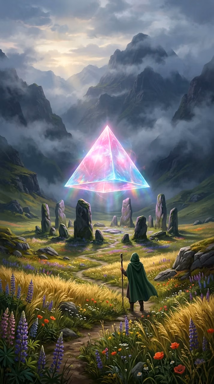 Download Tranquil Hidden Valley with Floating Translucent Pyramid Wallpaper in Mobile HD Tranquil Hidden Valley with Floating Translucent Pyramid - Free Mobile AMOLED Wallpaper Background