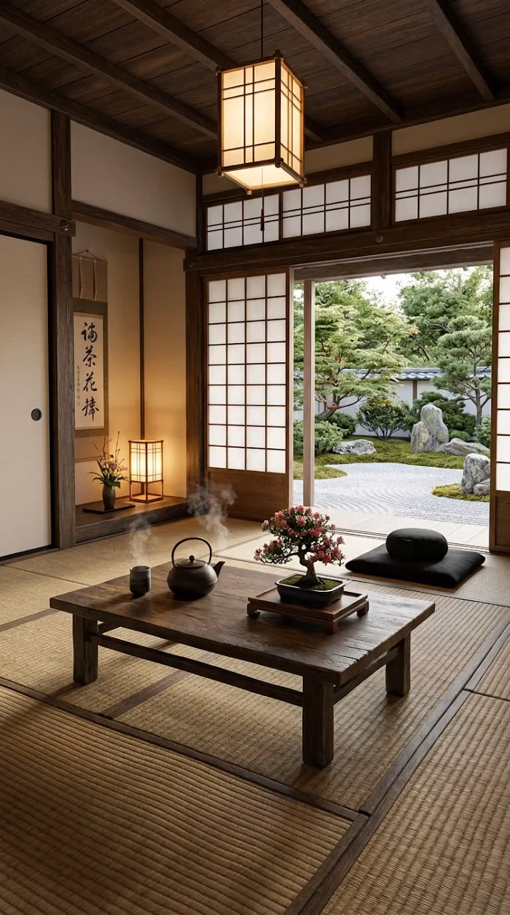 Download Tranquil Interior Meditation Room with Shoji Screens and Zen Garden Wallpaper in Mobile HD Tranquil Interior Meditation Room with Shoji Screens and Zen Garden - Free Mobile AMOLED Wallpaper Background