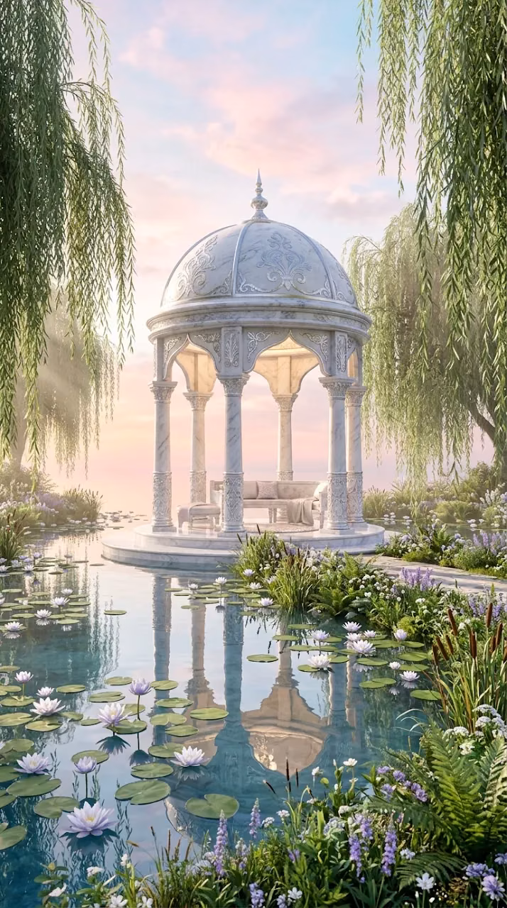 Tranquil Lakeside Gazebo with Marble Columns and Water Lilies - Free Mobile AMOLED Wallpaper Background