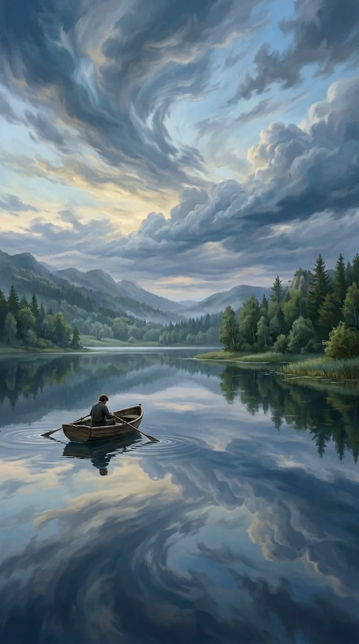 Tranquil Lakeside Scene with Rowboat and Swirling Dramatic Sky - Free Mobile AMOLED Wallpaper Background