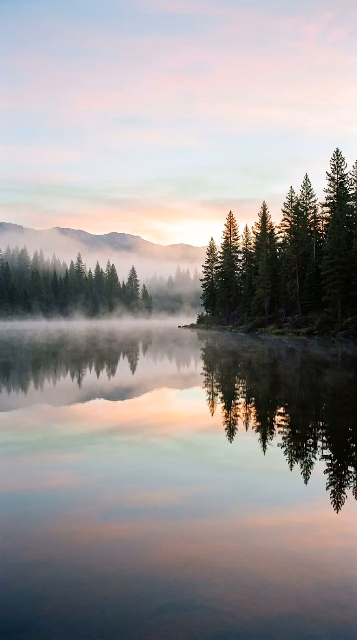 Tranquil Morning Mist on Lake with Evergreen Tree Reflections - Free Mobile AMOLED Wallpaper Background