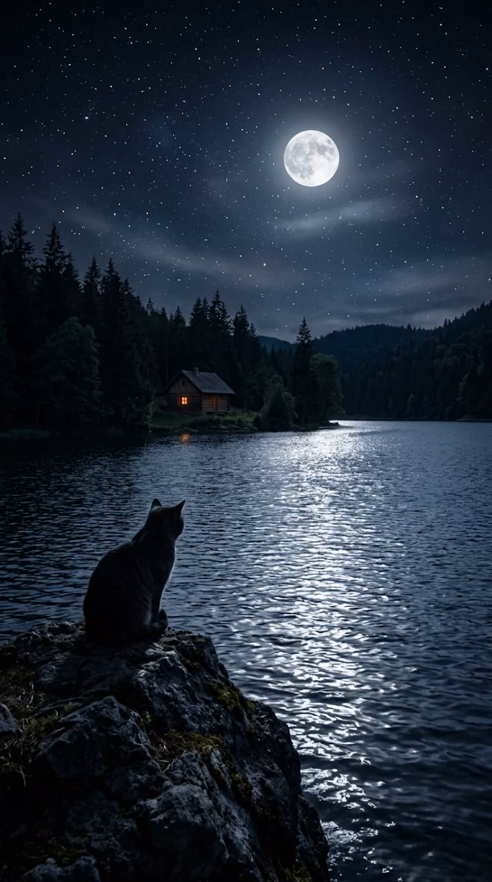 Tranquil Night Scene with Cat Silhouette by a Lakeside Cabin - Free Mobile AMOLED Wallpaper Background