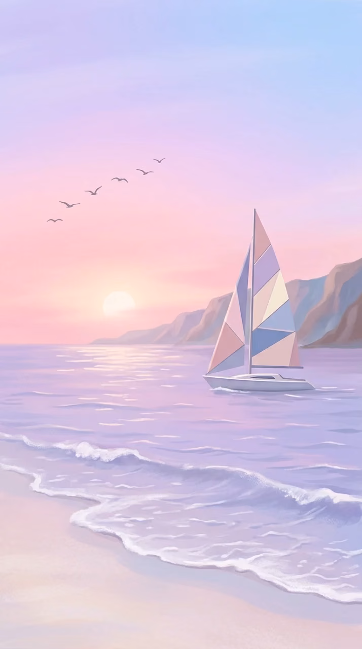 Tranquil Pastel Seascape with Geometric Sailboat and Pink Sunset - Free Mobile AMOLED Wallpaper Background