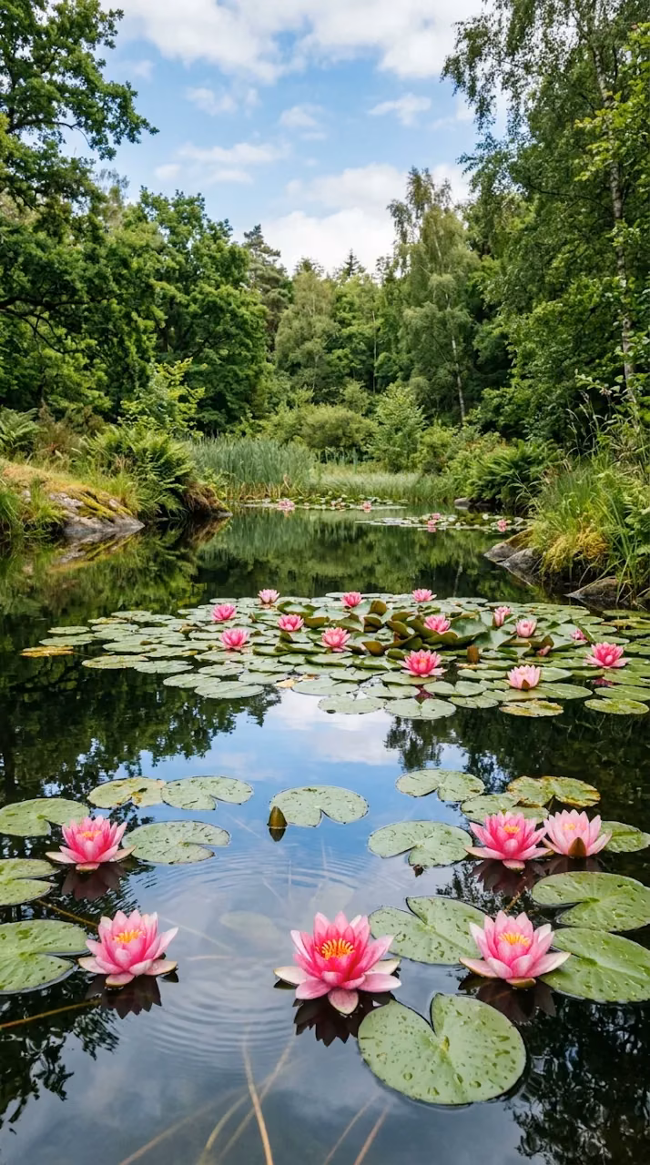 Tranquil Pond with Soft Pink Water Lilies and Foliage Reflection - Free Mobile AMOLED Wallpaper Background
