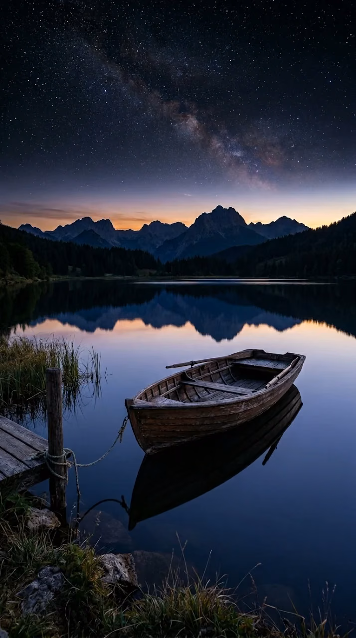 Tranquil Twilight Lake with Moored Wooden Boat Reflection - Free Mobile AMOLED Wallpaper Background