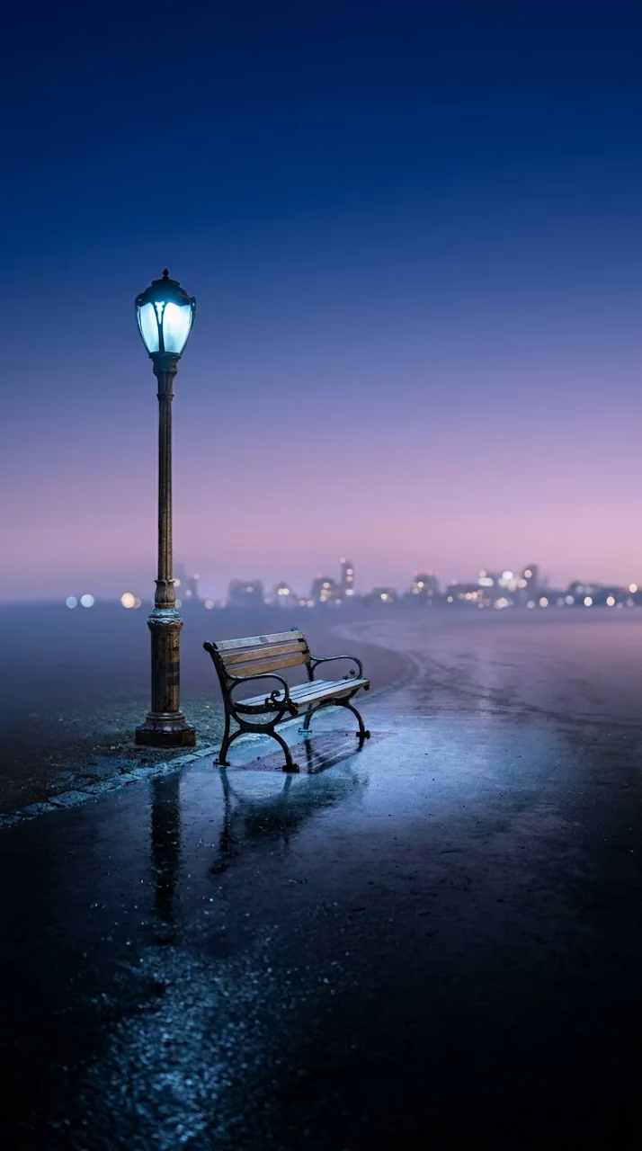 Tranquil Urban Night Scene with Streetlamp and Bench - Free Mobile AMOLED Wallpaper Background