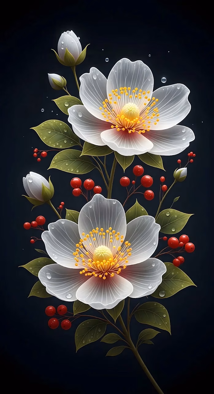 Translucent White Flowers and Red Berries on Dark Background - Free Mobile AMOLED Wallpaper Background