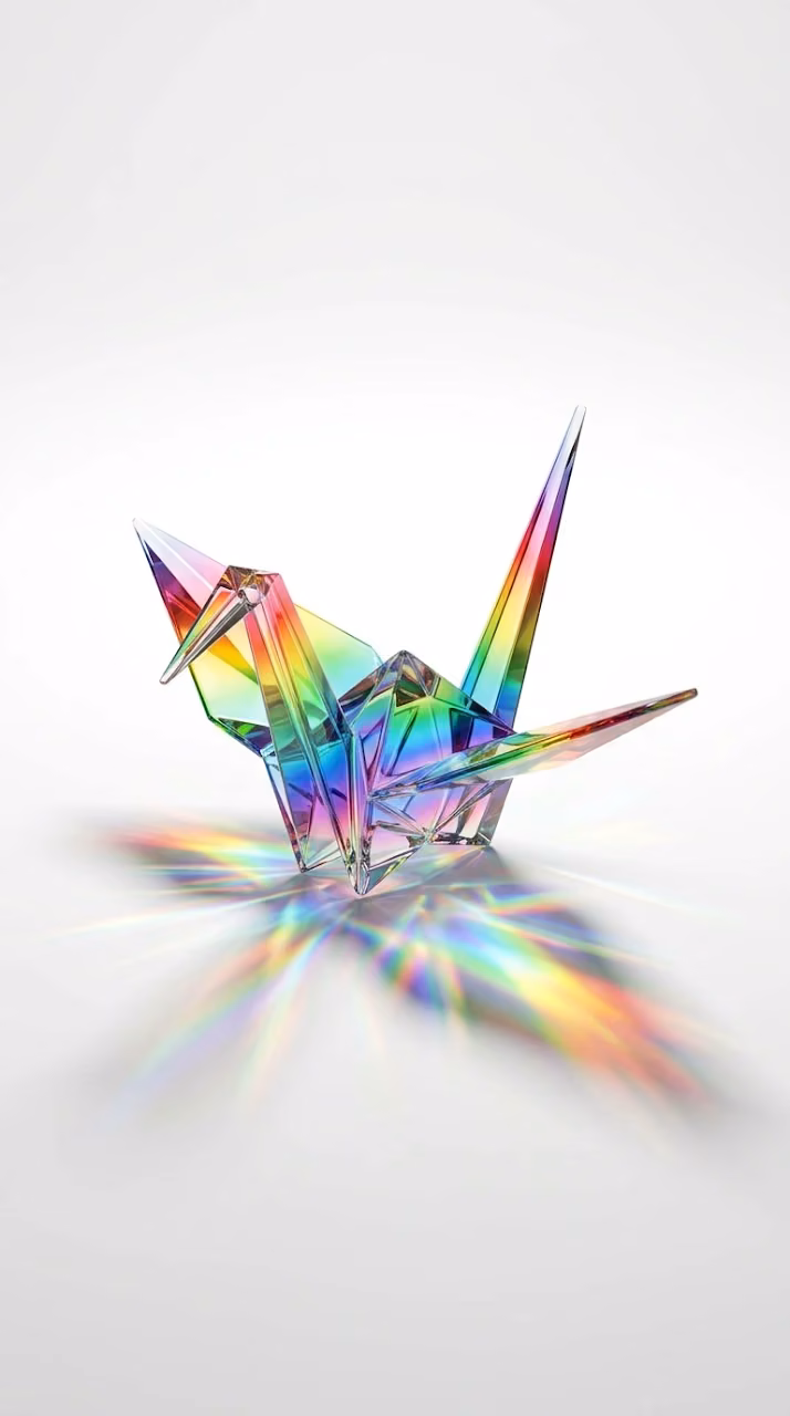Transparent Rainbow Glass Origami Crane on White Surface - Free Mobile AMOLED Wallpaper Background